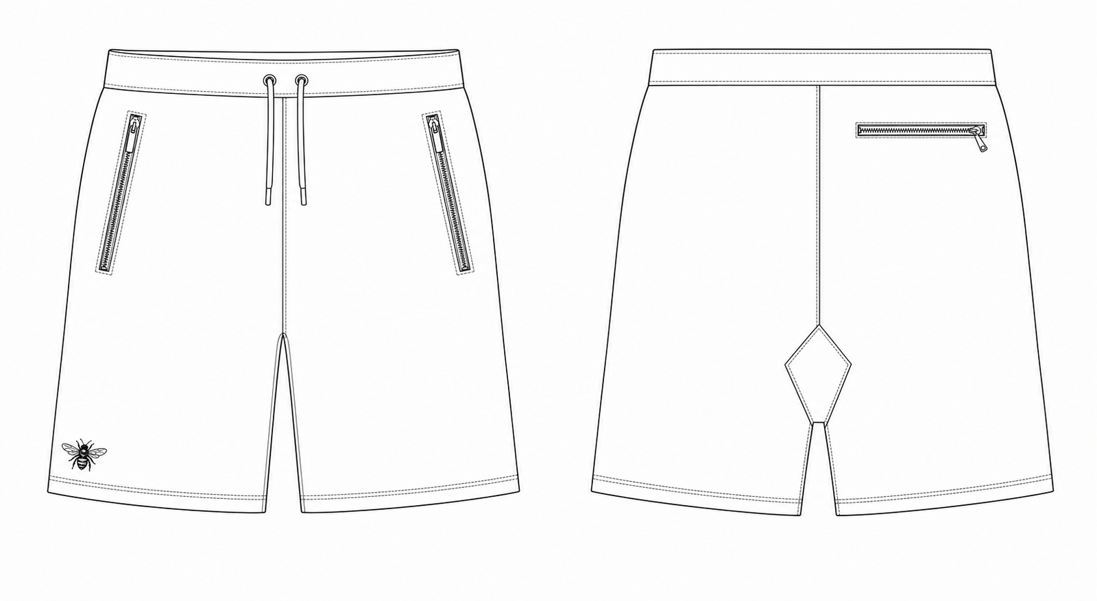 Tech flat illustration of The Short, front and back views, with vertical zip pockets.