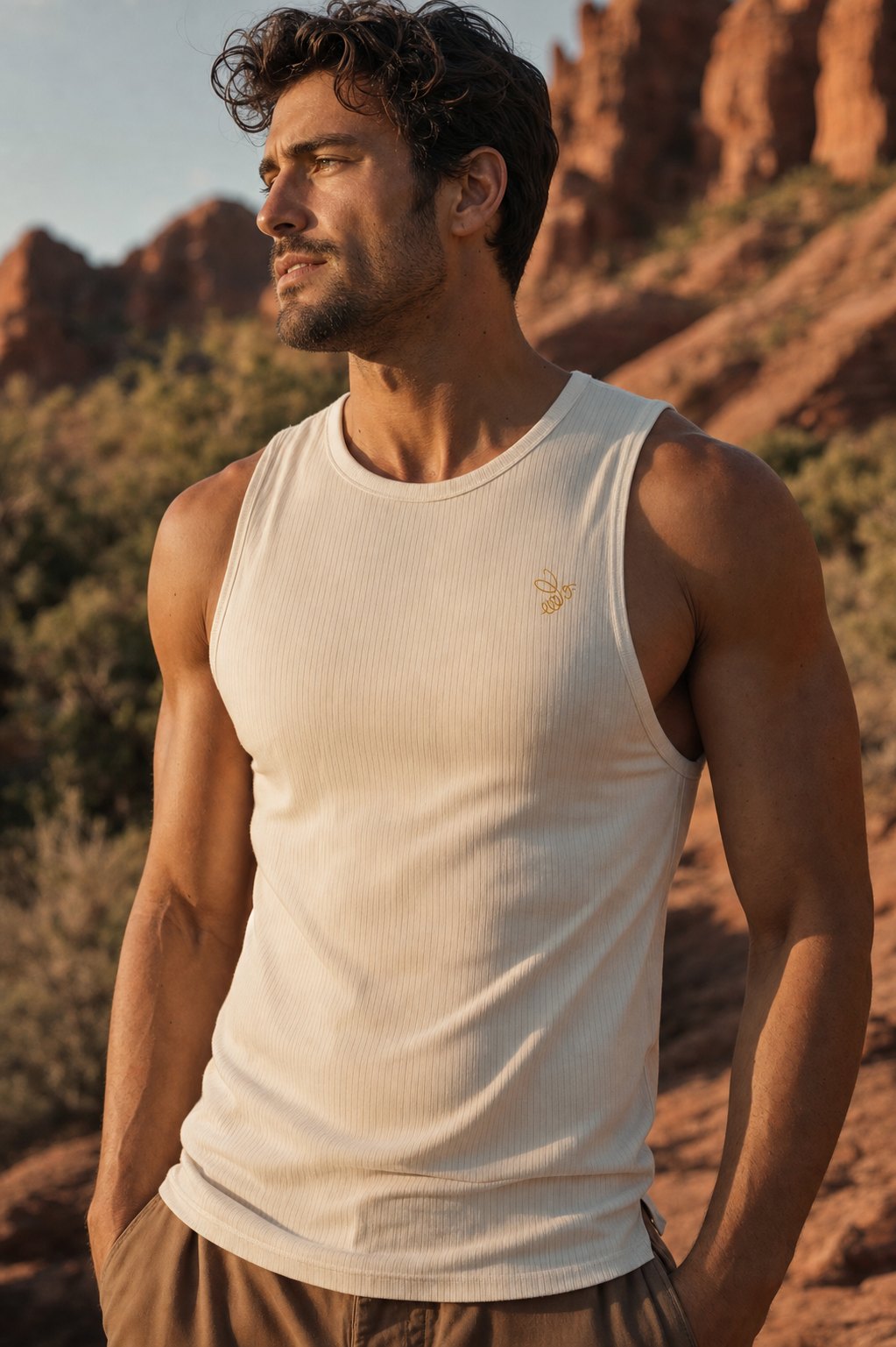 The Tank in Bone Cream on figure, golden-hour Sedona light.