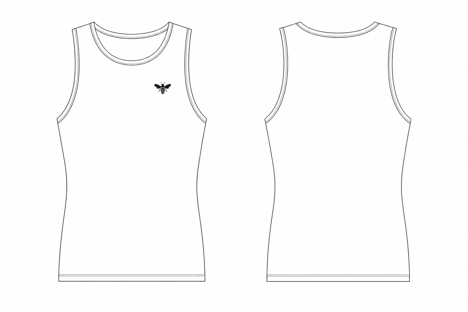 Tech flat illustration of The Tank, front and back views, straight hem, bee at left chest.